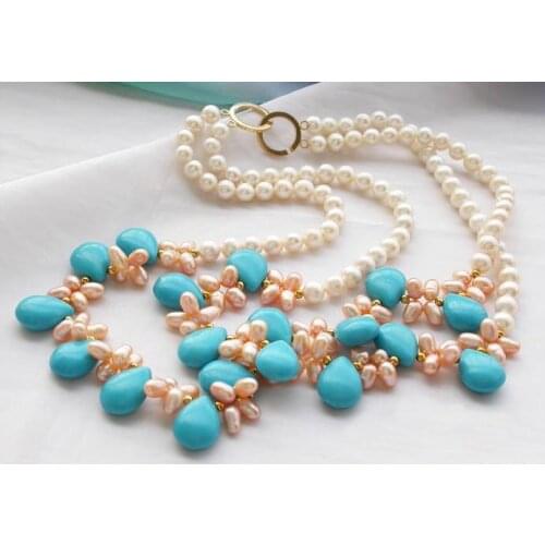 Unique Pearls jewellery Store 2row White Pink Cultured Freshwater Pearl Turquoise Necklace Charming Women Jewelry Gift