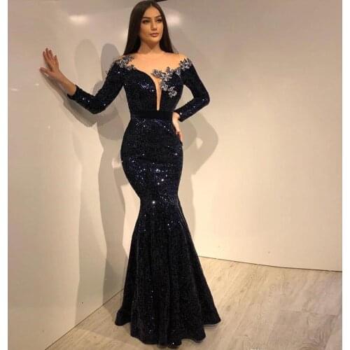 HZWL Black Sequins Dubai Mermaid Evening Dress 2020 Elegant Long Sleeve Sheer Neck Formal Party Gown robe de soiree Prom Dresses