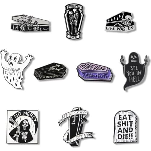 Punk Lettering Coffin enamel Pins Black White Tombstone Ghost Grim Reaper Brooches for women Halloween lapel Pin Badges Jewelry