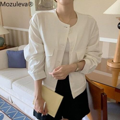 Mozuleva 2021 New Summer Autumn Womens Jacket Casual Pockets Fashionable Cargo Outerwear Cotton and Linen Short Tops femme