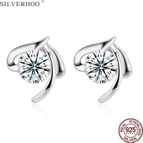 SILVERHOO Geometric 925 Sterling Silver Stud Earrings For Women 5A Clear Cubic Zirconia Anniversary Earring Trend Fine Jewelry