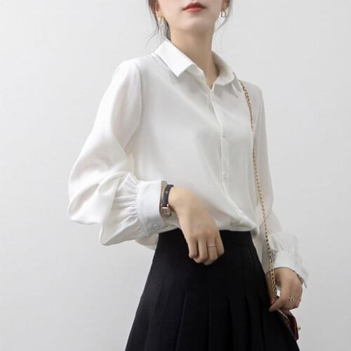Womens Spring Autumn Style Chiffon Blouses Shirt Womens Solid Color Turn-Down Collar Long Sleeve Button Casual Tops DD9100