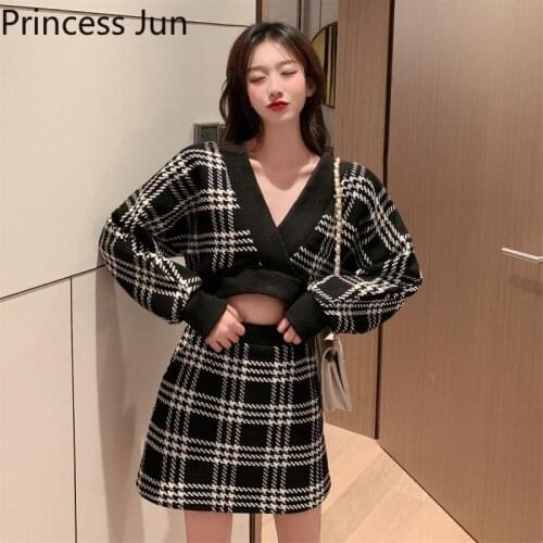 Women 2PC Matching outfits Spring Autumn Fashion Retro Plaid Short Sweater&Mini Skirt Sets Vintage Two-piece Knit Dress Suits