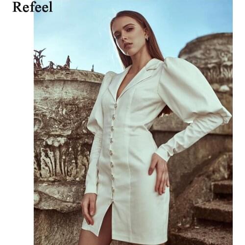 Refeel autumn women vintage white mini dress notched lantern sleeve elegant long sleeve single breasted high waist femme