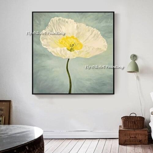 100% Handmade European simple white yewllow flower hand-painted oil painting Light background Home Decor Oil Painting Artwork
