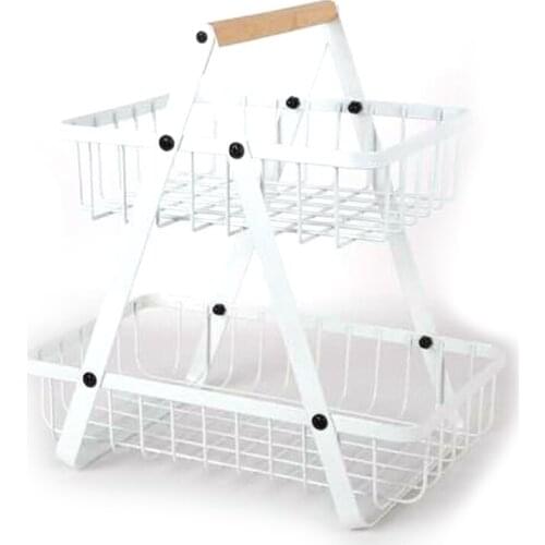 2-Tier Metal Fruit Basket Portable Kitchen Storage Countertop Shelf Rack for Fruits Household Toiletries Withe