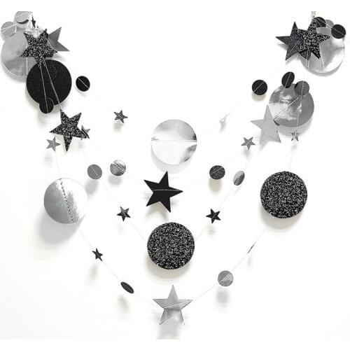 4M Paper String Garland Silver Black Glitter Star Round Circle Hanging Ornaments For Curtain Graduation Party DIY Decor Supplies