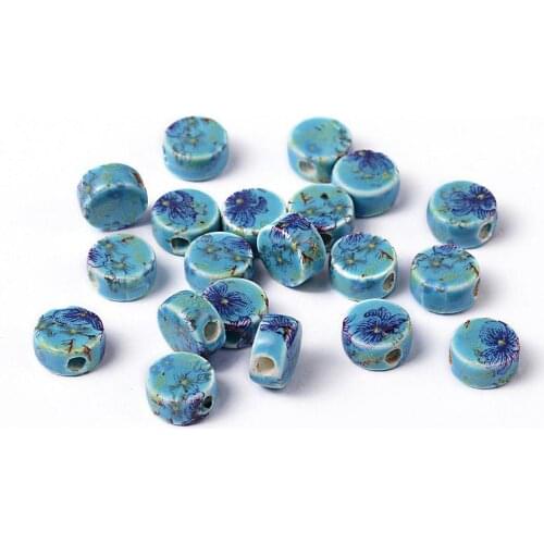 PANDAHALL Porcelain Beads 20pcs Handmade Printed Flat Round DIY Fashion Jewelry Beads Dodger Blue 9x5mm Hole 2mm Drop Shipping