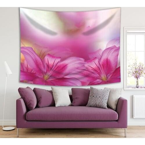 Tapestry Lilies Flowers Bouquet on Becomes Blurred Background Nature Blooms Decorating Artwork Printed Pink Yellow