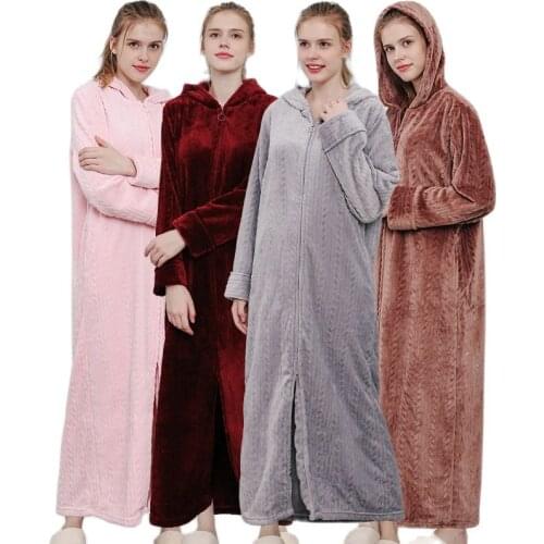 Autumn&Winter New Zipper Shellfish Velvet Bathrobe Plus Increase Nightgown Women Thickening Pajamas Flannel Home Service
