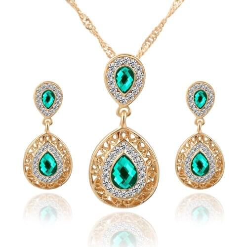 Gold Color Crystal Waterdrop Pendant Necklace Rhinestone Drop Earrings Set Women Zircon Bridal Wedding Jewelry Sets