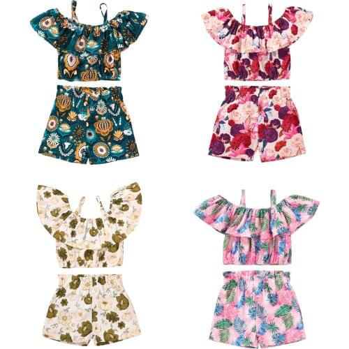 Girls Clothing Sets 2021 Summer Fashion Childrens Floral Printed Ruffle Off Shoulder Strap T-shirts And Shorts Outfit Suit