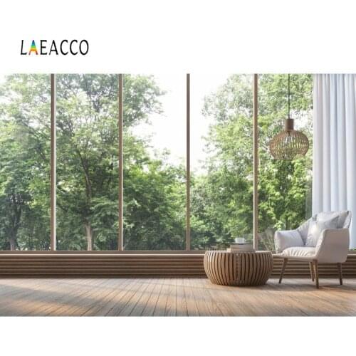 Laeacco Photography Backgrounds Forest Window Sofa Wooden Floor Bird Cage Interior Scenic Portrait Photo Backdrops Photo Studio