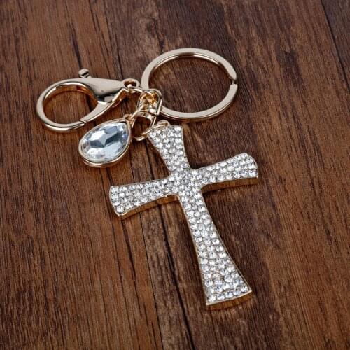 Fashion Trinkets Full Rhinestone Cross Pendant Keychain Women Bags Purse Jewelry Key Rings with lobster clasp