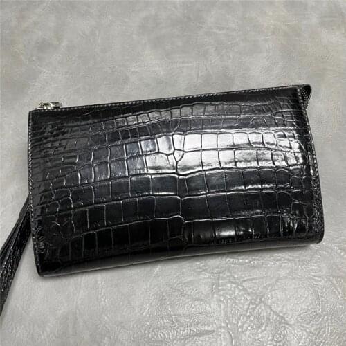 Exotic Real Crocodile Skin Businessmen Black ZIP Clutch Large Card Holders Genuine Alligator Leather Male Wristlet Purse Bag