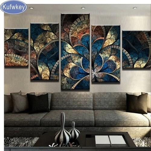 Kufwkey diy diamond painting 5 Panel Fantasy Flowers For Living Room Home Decor 5d Diamond Embroidery Abstract Cross Stitch kits