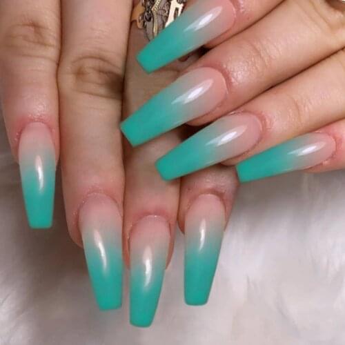 Fake Nails Long Green Gradient Wear Nail Stickers Finished Nail Stickers 24 Pieces With Glue Nail Art Nails Accesorios