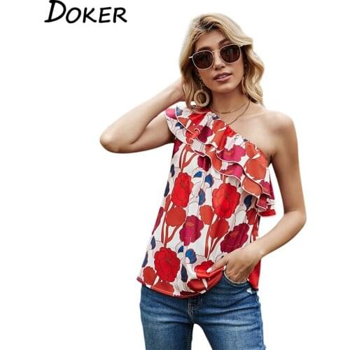 Slash Neck Sexy Print Floral Ruffles Sleeveless Backless Slanted Shoulder Tops Stitching Lotus Lace Summer Womens Clothes
