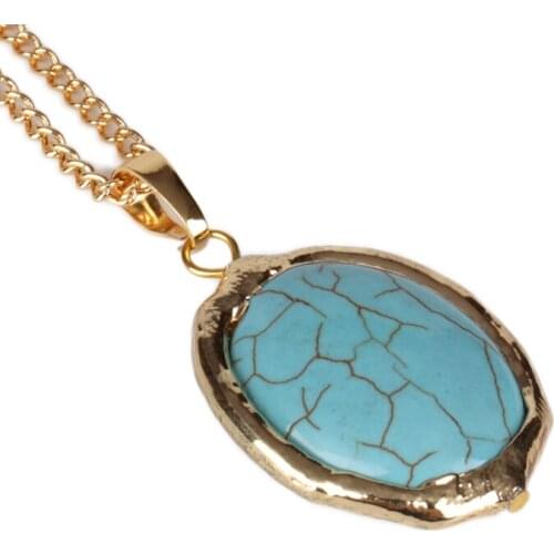 Oval blue howlite semi precious stone beads brutal handmade gold frame pendant choker necklace for woman man