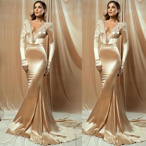 Elegant Deep V Neck Muslim Pink Mermaid Evening Dresses Gowns Satin Long Sleeve Elegant For Women Party