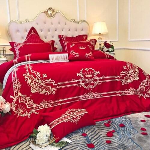 Luxury Embroidered 100S Egyptian cotton Royal Wedding Bedding sets Queen King Red Duvet cover Bed sheet set Pillowcase 4/6pcs