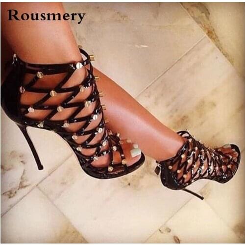 Summer Sexy Women Open Toe Black Strap Cross Spike Gladiator Sandals Cut-out Rivet High Heel Sandals Dress Shoes Big Size 42