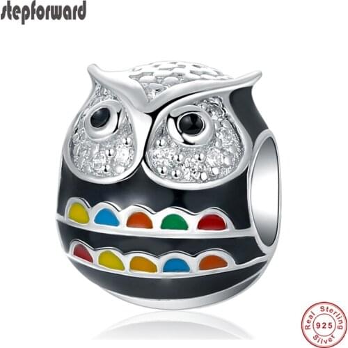STEP FORWARD Cute Owl 100% 925 Sterling Silver Charm Fit Bracelets Bangles Necklace CZ Paved Color Beads For Jewelry Making