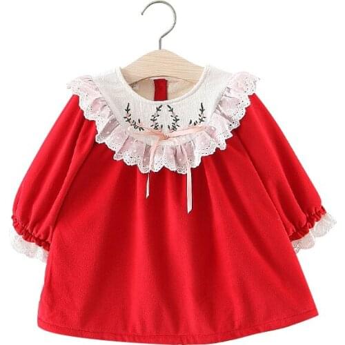 Baby Girls Warm Dress Top For Newborn Winter Autumn 1 year Clothes Red Thick Kids princess shirt Toddler embroidery lace dresses