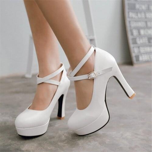 Women Pumps Round Toe High Heels Buckle Strap Platform Shoes Woman Dress Office Party Shoes Black White Small Big Size 32 33 42