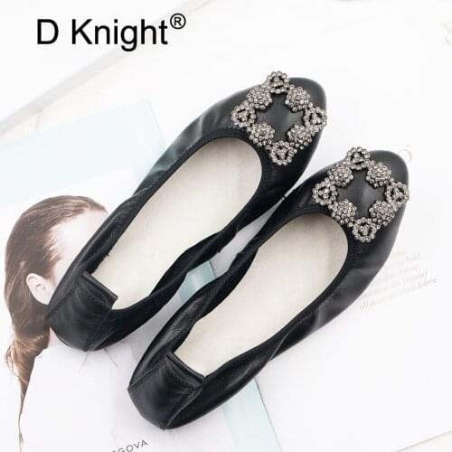 Women Flats Natural Skin Summer Balerinas Shoes for Women Soft Pregnant Loafers Women Shoes Buckle Rhinestone Mocassim Feminino