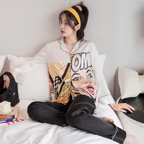 Women Ice silk Pajamas Sets Two-piece Sleepwear Autumn Luxury High Quality Homewear Hot Sale Cardigan Long sleeve Satin Pajamas
