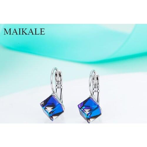 MAIKALE New Dazzling Silver Color Small Earrings Colorful Austrian Crystal Stud Earrings for Women Jewelry Gift Charm Brincos