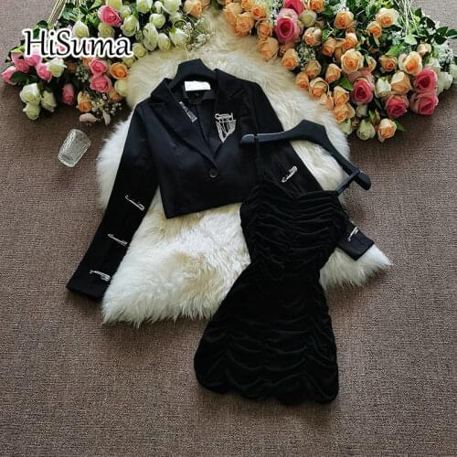 2021 spring new women sling Folds cotton dress + short rhinestones tassel brooch suit jacket female two piece sets