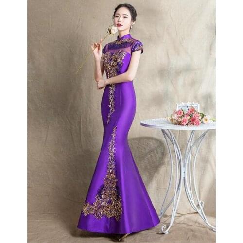 Purple Cheongsam dress Womens Qipao Chinese Oriental dresses Fish tail Embroidered Wedding