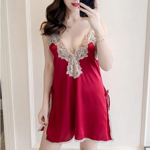 Women Sexy lingerie Silk Satin NIghtgown Lace Nightdress Deep V-neck Sleep Wear Summer Night Wear Fashion Homewear