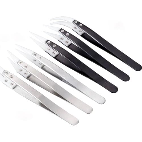 1pc Anti-acid Ceramic Tipped Stainless Steel Tweezer Fine Pointed Tips with Heat Resistance 130x10mm