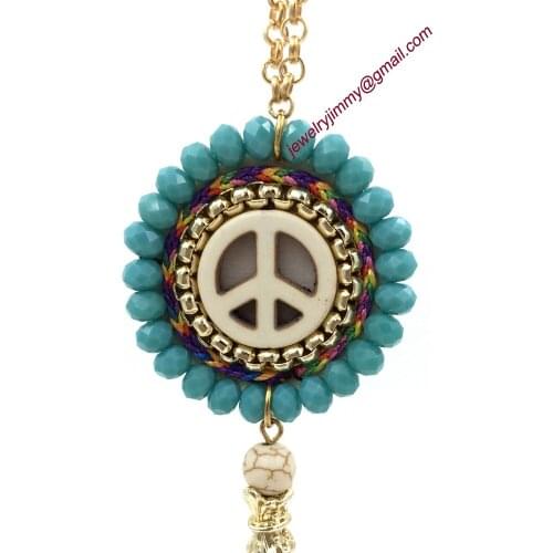 2015New personalized handmade jewelry supplier Peace mark pendant beaded chain boho long Necklaces for women