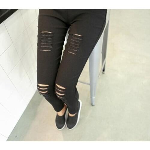 2021 Skinny Jeans Women Denim Pants Holes Destroyed Knee Pencil Pants Casual Trousers Black White Stretch Ripped Jeans