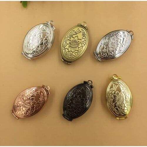 4 PCS 20*33mm Metal Copper Oval Shape Flowers Carved Photo Locket Pendant For Jewelry Making