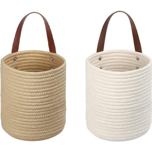 4Pack Hanging Baskets Wall Basket Woven Storage Baskets Jute with Leather Handles Small Decorative Baskets