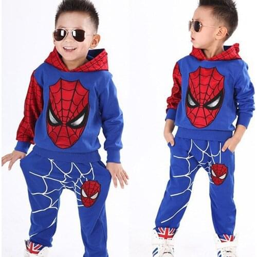 Disney Marvel The Avengers Spider-Man Childrens Suit Hoodie Sweatpants Long-sleeved Pants Boy Kids Two-piece Dress 1-7Y