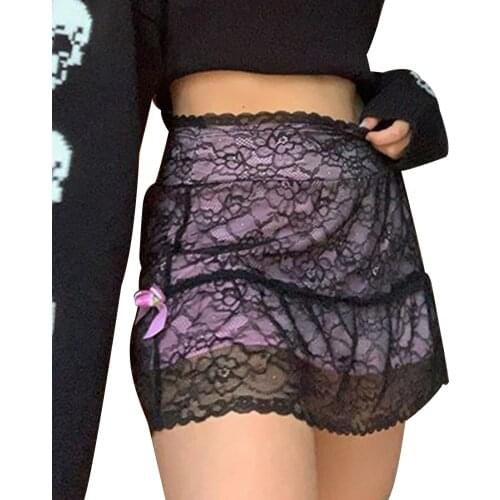 Women 90s Aesthetic Lace Patched Skirts Side Split Mini Skirts Bow E-Girl Short Skirts Frill Cute Bottom Y2K Streetwear Clubwear