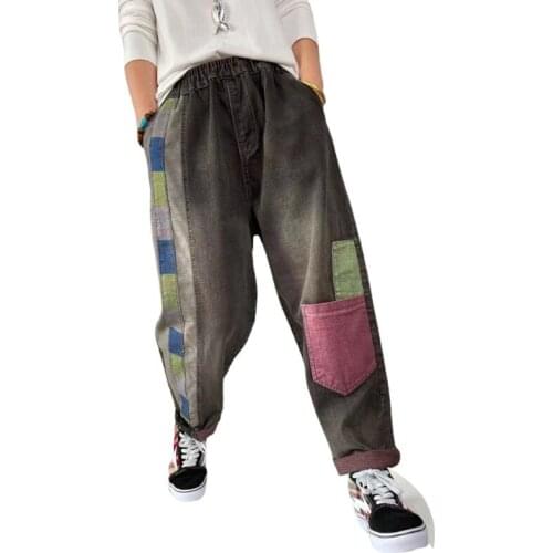 LIMINDSPCXQQ Korean Fashion Black Denim Trousers Women Contrast Color Elastic Waist Jeans Loose Casual Pockets Harem Pants 2021