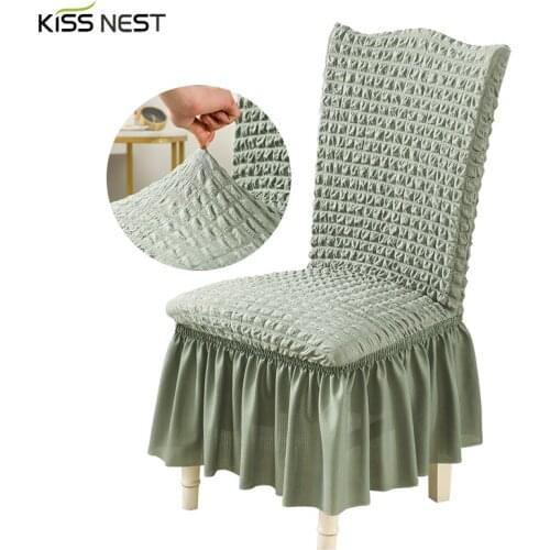 Nordic Style Elastic Dining Chair Cover with Swing Skirt, Seersucker Fabric ,For High-Back Seat,Stretch Spandex Plain Colors