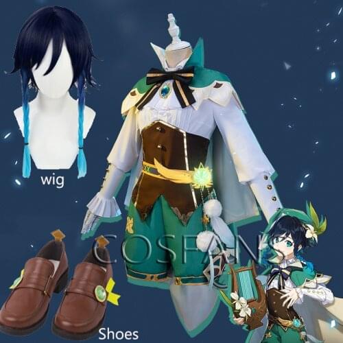 New Game Genshin Impact cosplay Anime Accessories Project VENTI Cosplay Costume Womens Cloak Shirt Pants Belt Socks Set wig