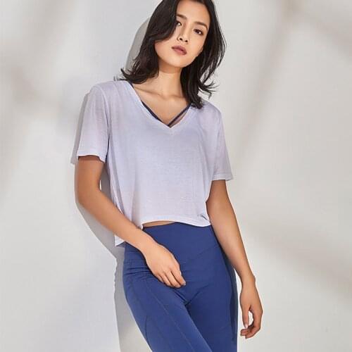 Summer Short Sleeve V Neck Crop Tops Workout Yoga Clothing Exercise Loose Breathable Dry Fit Sport Shirts