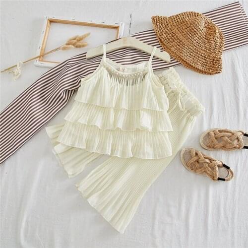 2020 Summer Toddler Girl Sets Korean Fashion Chiffon Ruffled Suspender Top Wide Leg Pants 2pcs 1 2 3 4 5 6 Years Girl Suits New