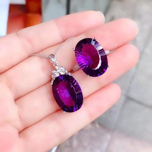 Best Gift Real Natural Amethyst jewelry set Natural Real Amethyst 925 sterling silver 1pc pendant,1pc ring