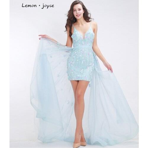 Fashionable Baby-Blue Prom Dresses 2020 Luxury Floral Appliques Beading Sexy Short Dress with Cloak Tulle Party Gowns Plus Size
