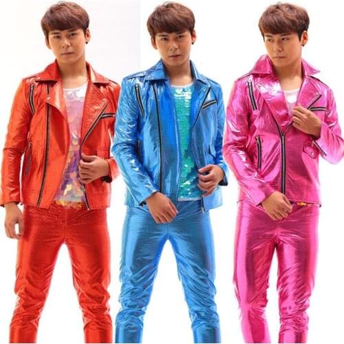 Stage personality men pants oblique zipper jacket men coat feet trousers singer dance rock fashion novelty red blue pink